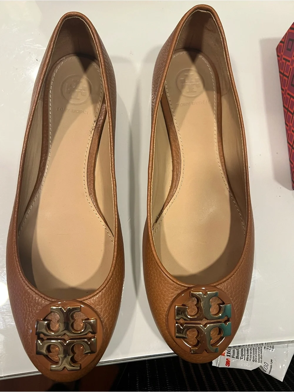Tory Burch Cognac Leather Ballet Flats with Gold Logo